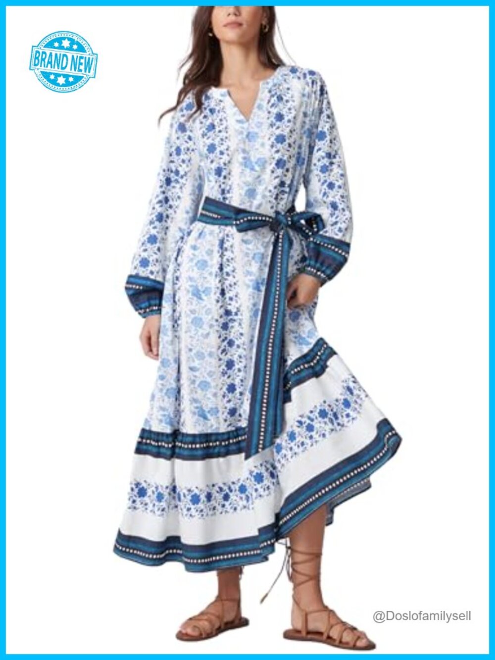 Boho Maxi Dress Floral Puff Long Sleeve V Neck Tiered A-Line Flowy Bohemian